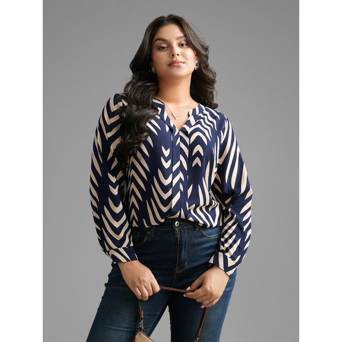 Plus Size Indigo Geometric Notched Pleated Slit Hem Blouse Women At the Office Extra Long Sleeve Notched collar Work Blouses BloomChic 30/6X Product Image
