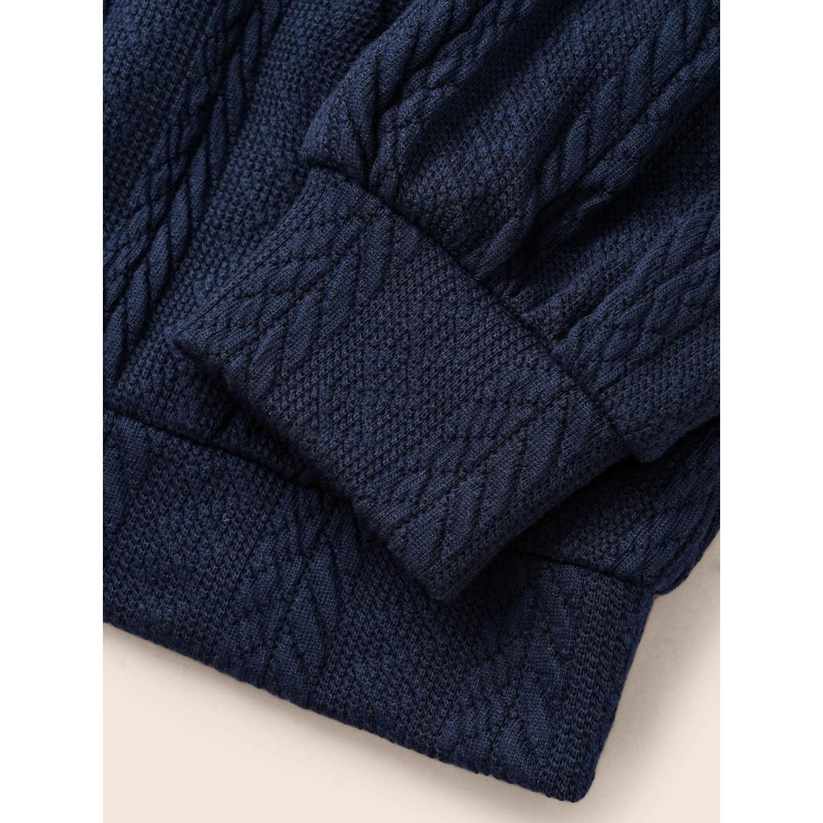 Plus Size Solid Cable Knit Hooded Drawstring Sweatshirt Women DarkBlue Casual Texture Hooded Everyday Sweatshirts BloomChic 10/M Product Image