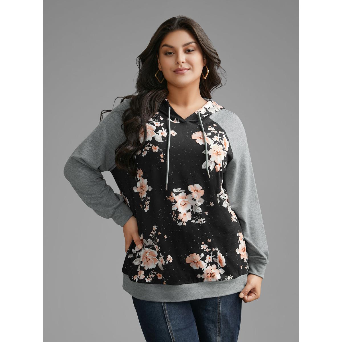 Plus Size Floral Patchwork Hooded Drawstring Sweatshirt Women DarkGray Casual Contrast Hooded Everyday Sweatshirts BloomChic 10/M Product Image