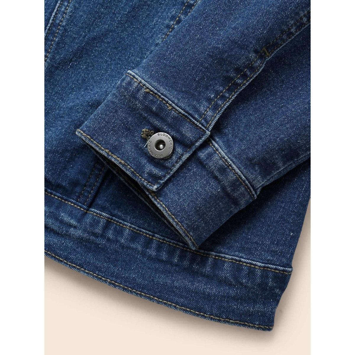 Women Stretch Denim Pockets Slim-Fit Jacket Midblue Plus Size Button Everyday Slanted pocket Casual Denim Jackets BloomChic 10/M Product Image