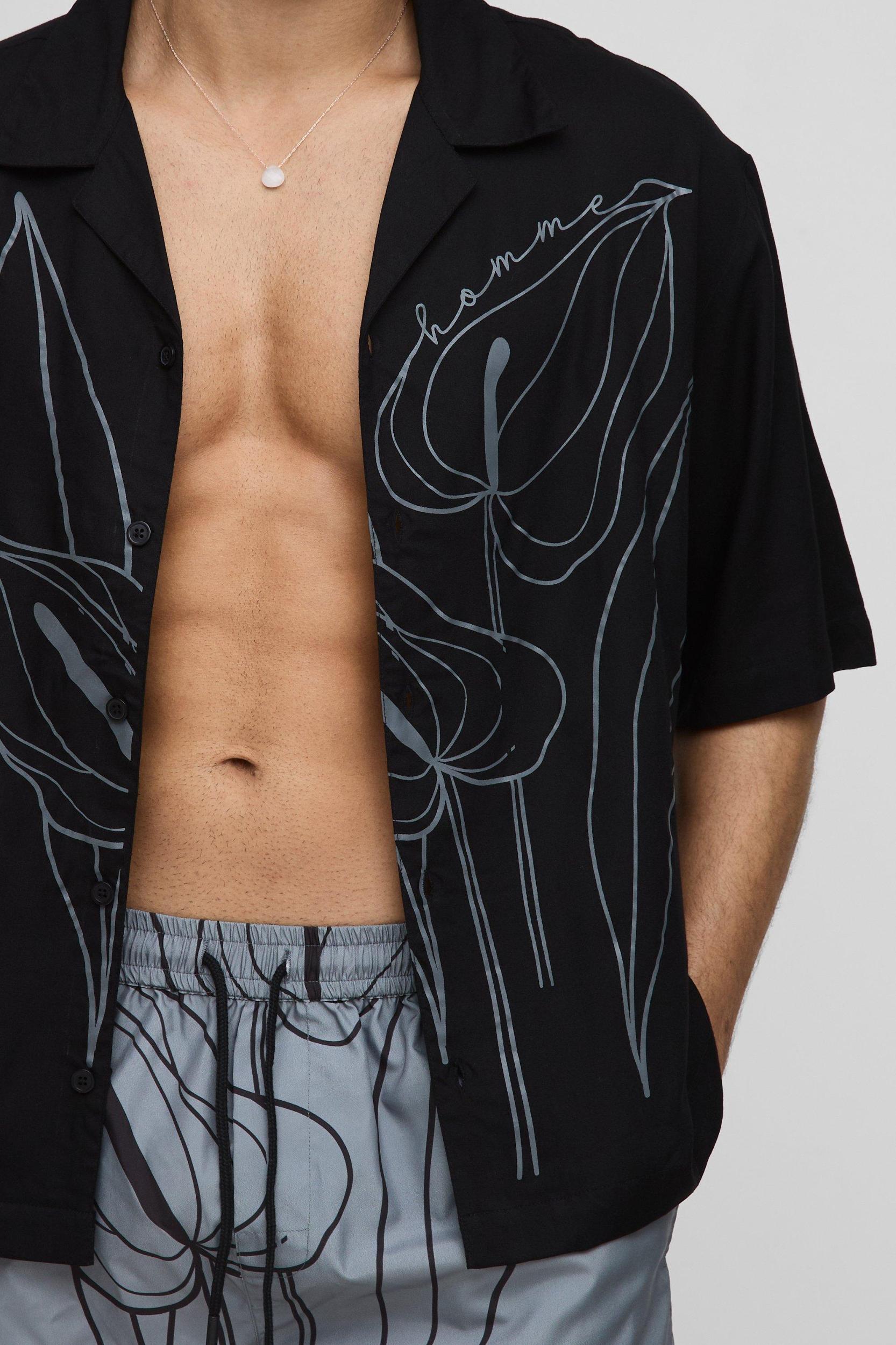 Oversized Floral Line Printed Revere Shirt & Swim Set | boohooMAN USA Product Image