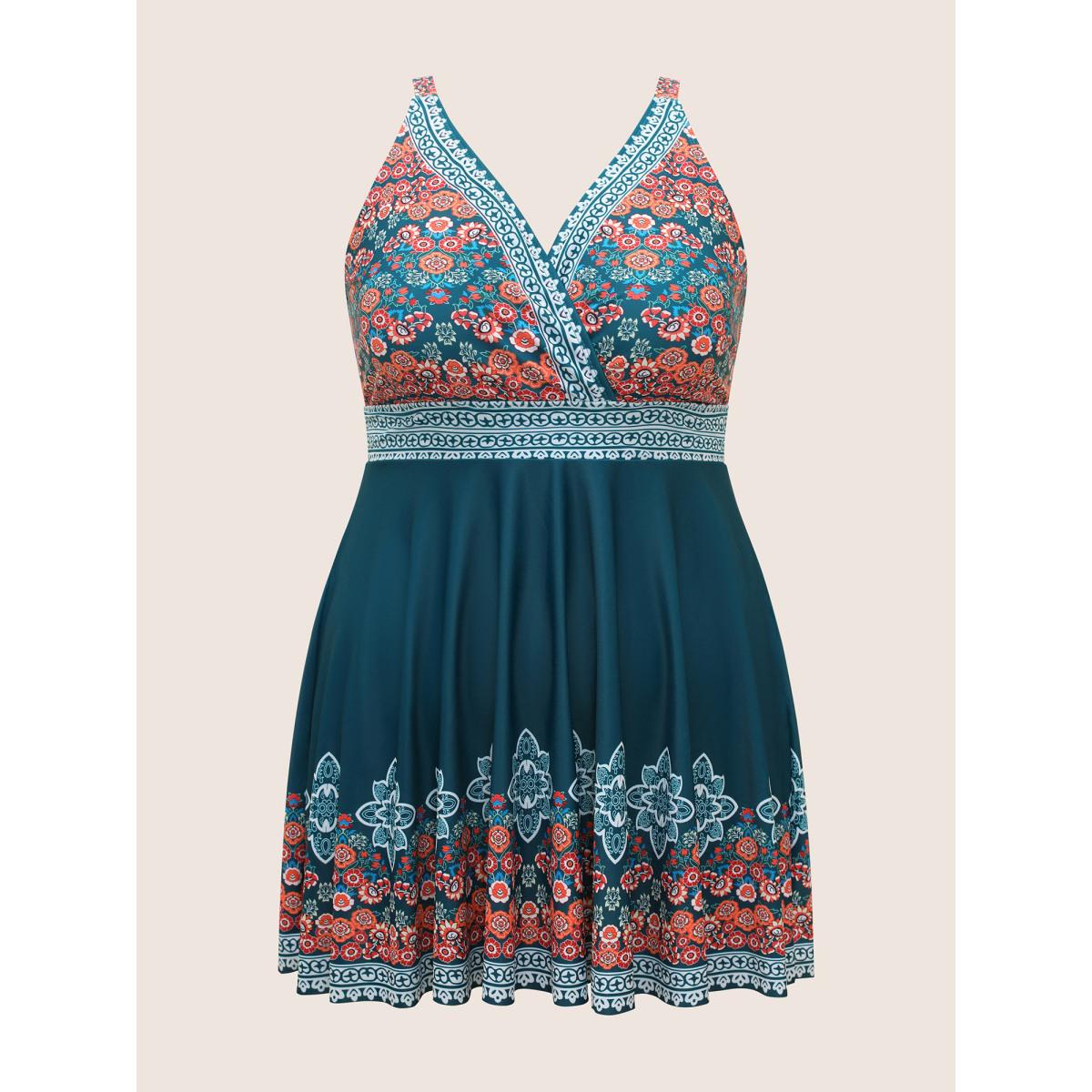 Plus Size Boho Print Surplice Neck Adjustable Swim Dress Women's Swimwear Cyan Beach Bodycon Overlap Collar High stretch Curve Swim Dresses BloomChic 28/5X Product Image