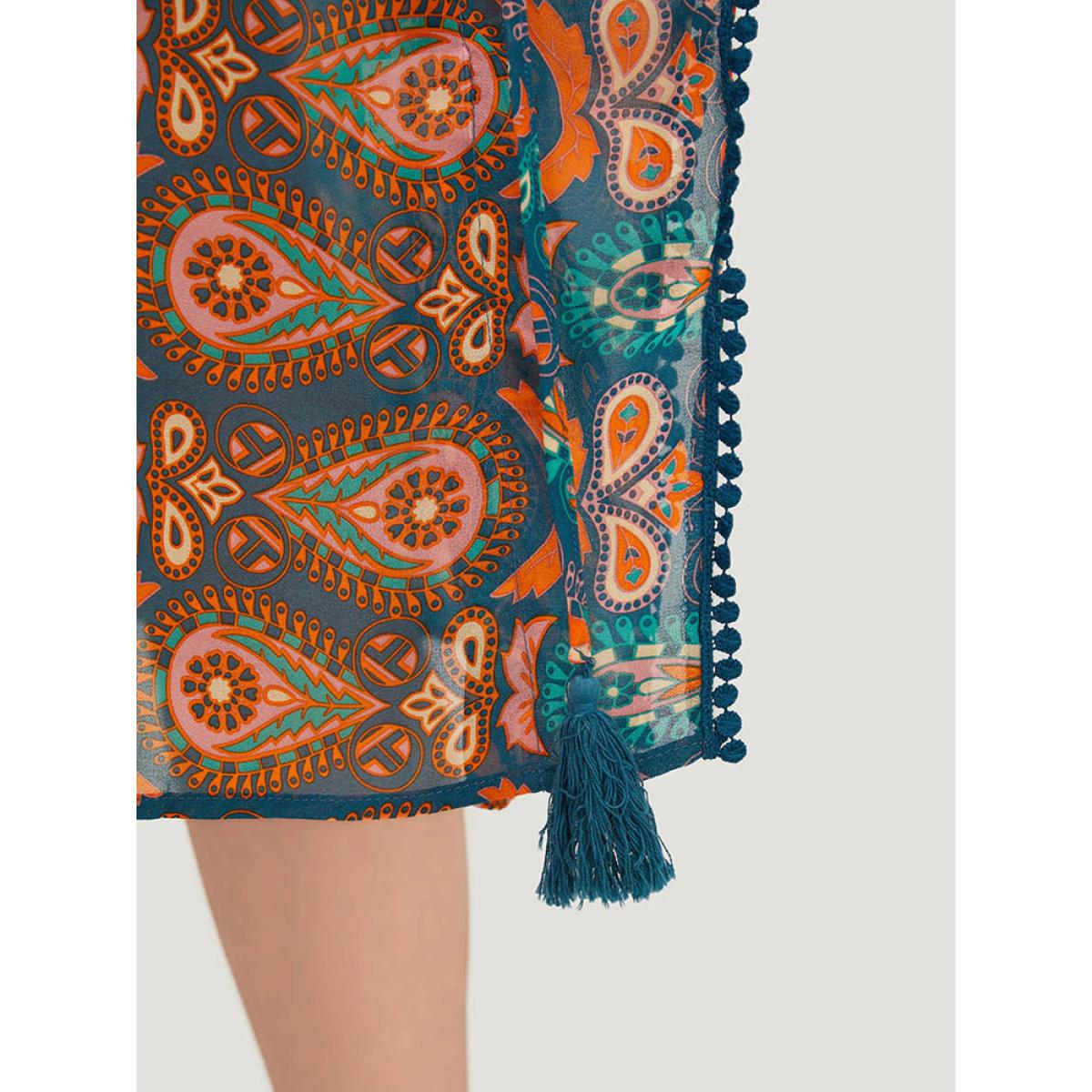 Plus Size Paisley Print Dolman Sleeve Tassels Pompom Trim Cover Up Women Multicolor Vacation See through Loose Belt Dailywear Kimonos BloomChic 10/M Product Image
