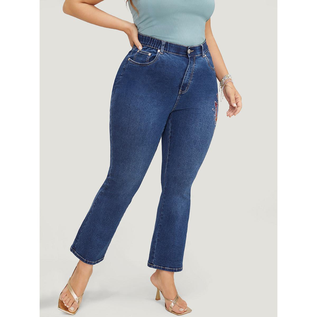 Plus Size Butterfly Embroidered Moderately Stretchy High Rise Dark Wash Bootcut Jeans Women Blue Elegant Plain Embroidered Medium stretch Pocket Jeans BloomChic 16/1X Product Image