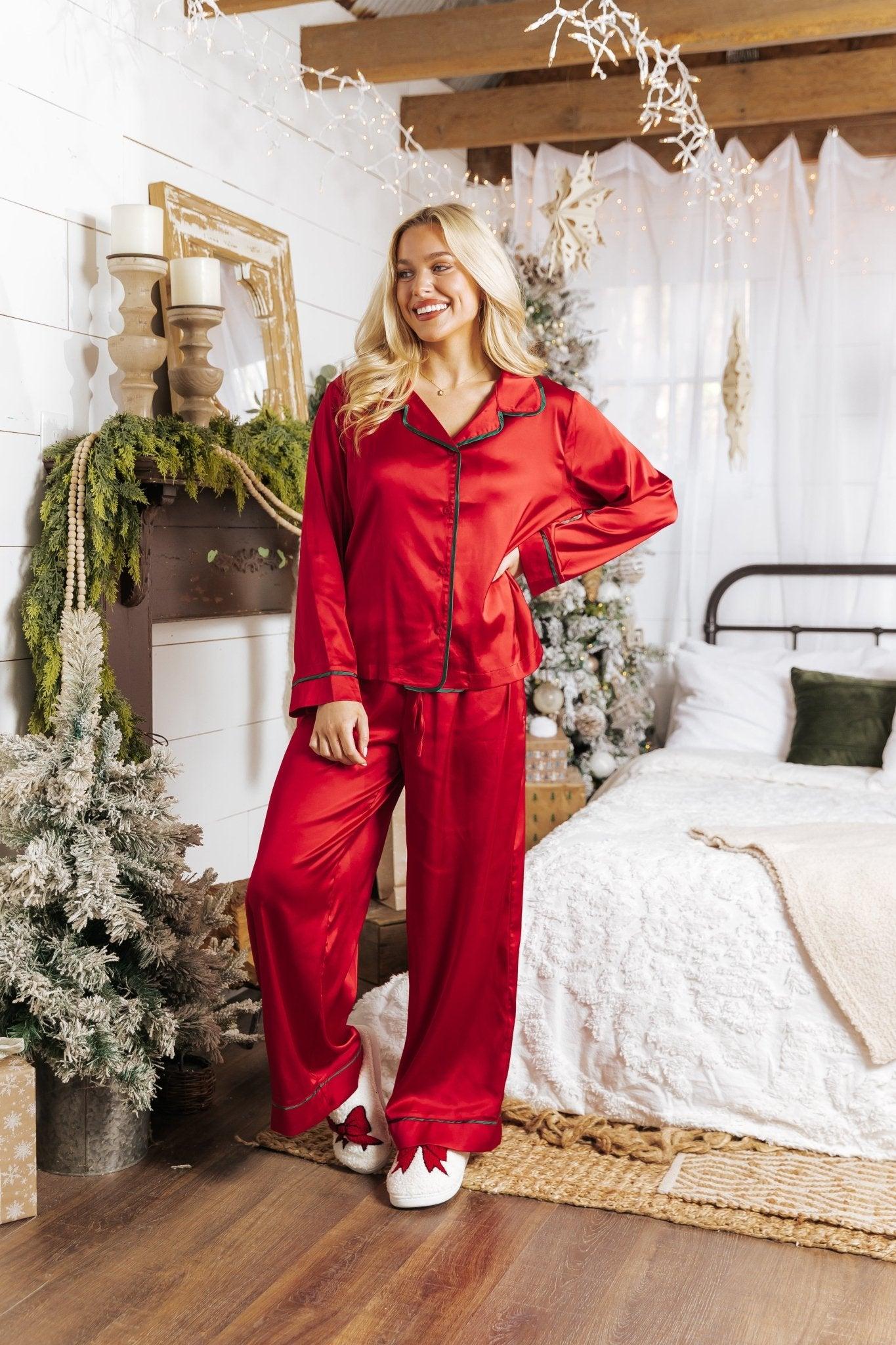 Dreamy Red and Green Satin Pajama Set - FINAL SALE Female Product Image