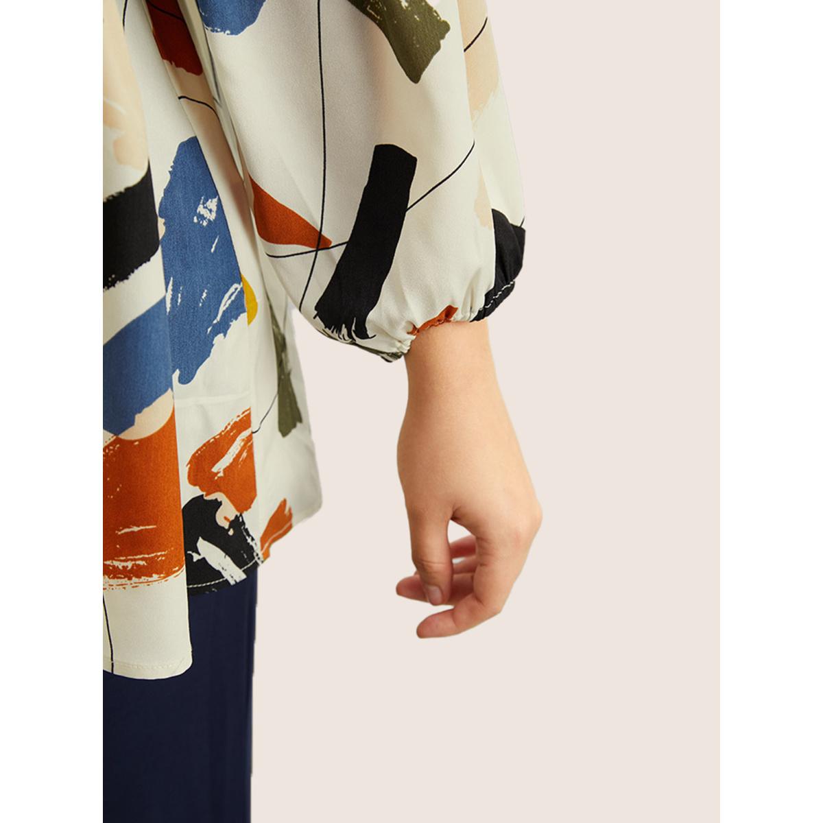 Plus Size Ivory Brush Print Button Detail Elastic Cuffs Blouse Women Playful Long Sleeve V-neck Casual Blouses BloomChic 18-20/2X Product Image