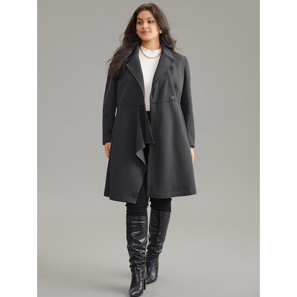 Plus Size Woolen Solid Button Up Ruffle Trim Coat Women Gray Elegant Asymmetrical Ladies Dailywear Winter Coats BloomChic 18-20/2X Product Image