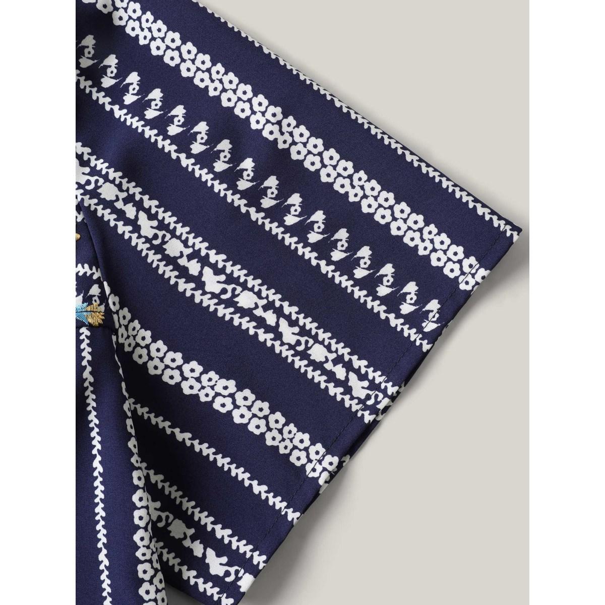 Plus Size DarkBlue Embroidered Striped Print Square Neck Blouse Women Short sleeve Square Neck Everyday-Elegant Blouses BloomChic 26/4X Product Image