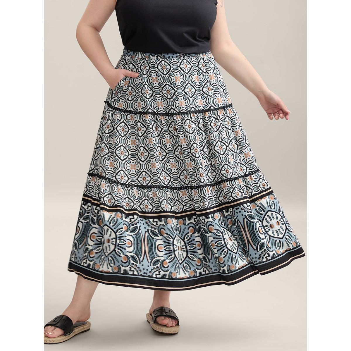 Plus Size Boho Print Spliced Tiered Maxi Skirt Women BlackFlower Resort Patchwork Loose No stretch Side seam pocket Vacation Skirts BloomChic 28/5X Product Image