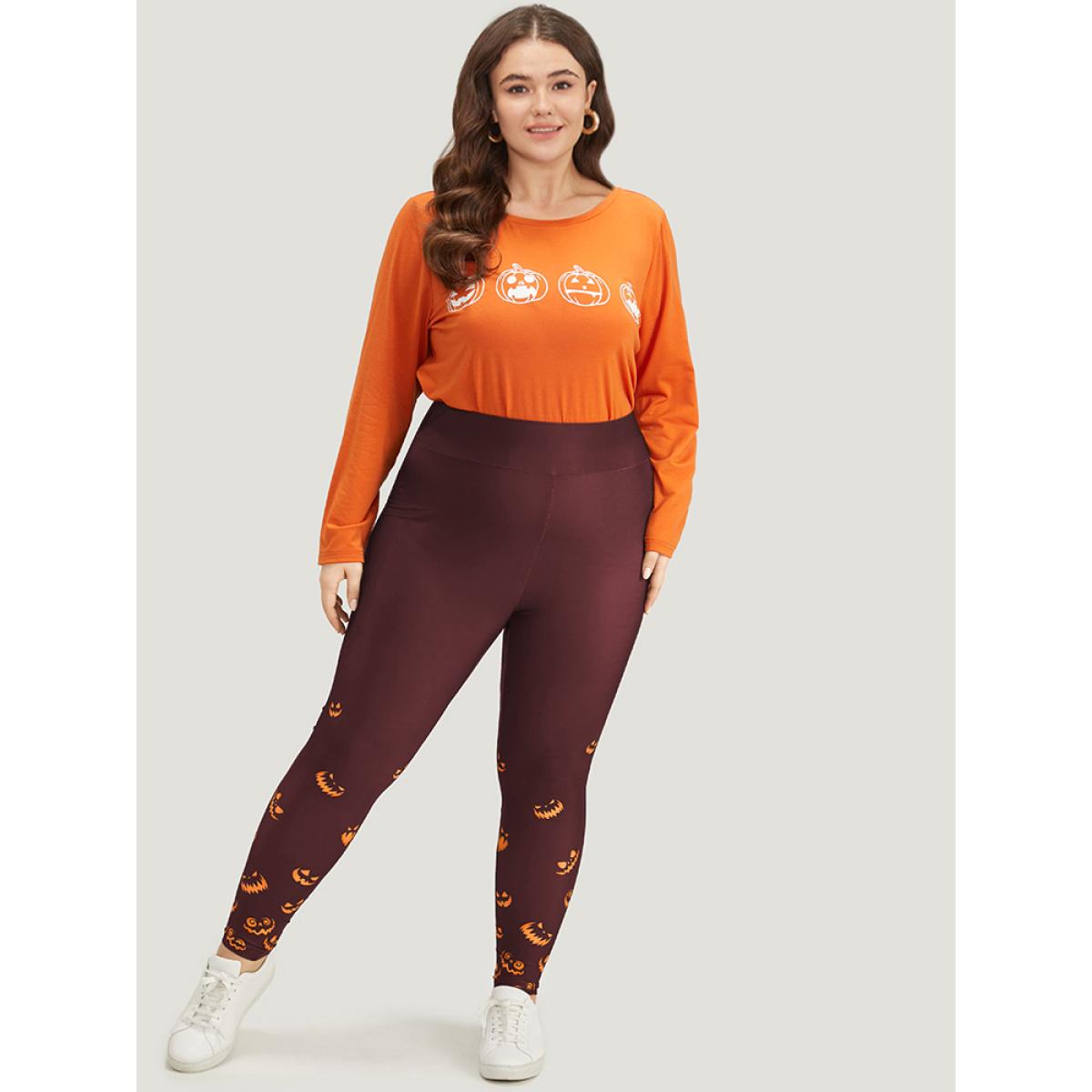 Plus Size Halloween Pumpkin Print Wideband Waist Leggings Women Burgundy Casual High stretch Skinny High Rise Festival-Halloween Leggings BloomChic 14-16/1X Product Image