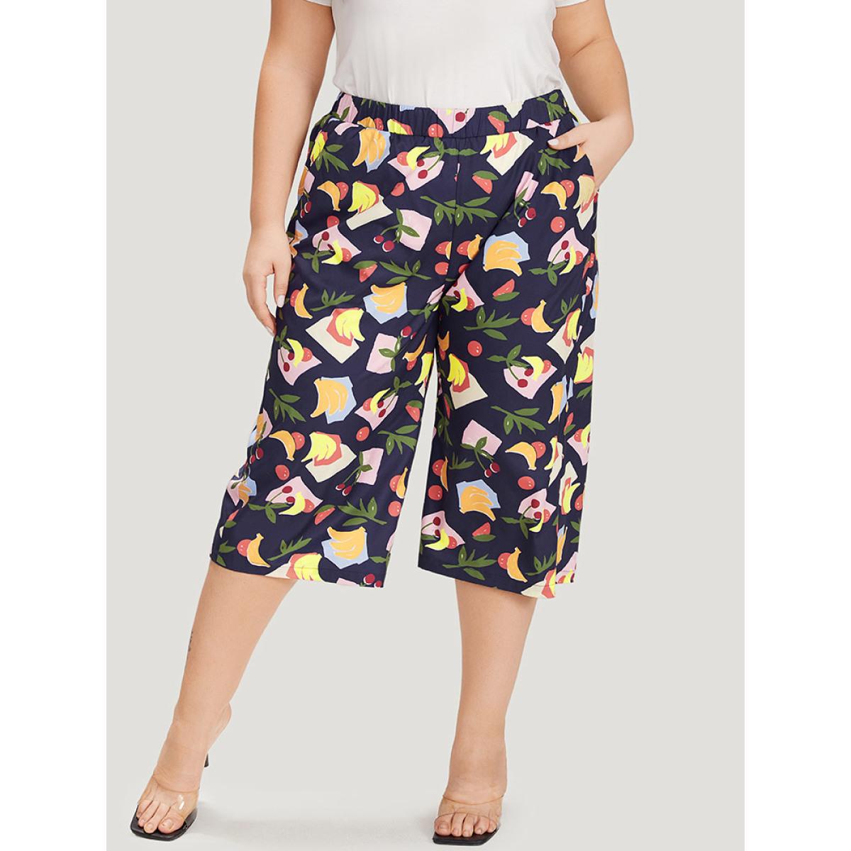 Plus Size Fruit Print Slant Pocket Elastic Waist Pants Women Multicolor Elegant High Rise Dailywear Pants BloomChic 12/L Product Image