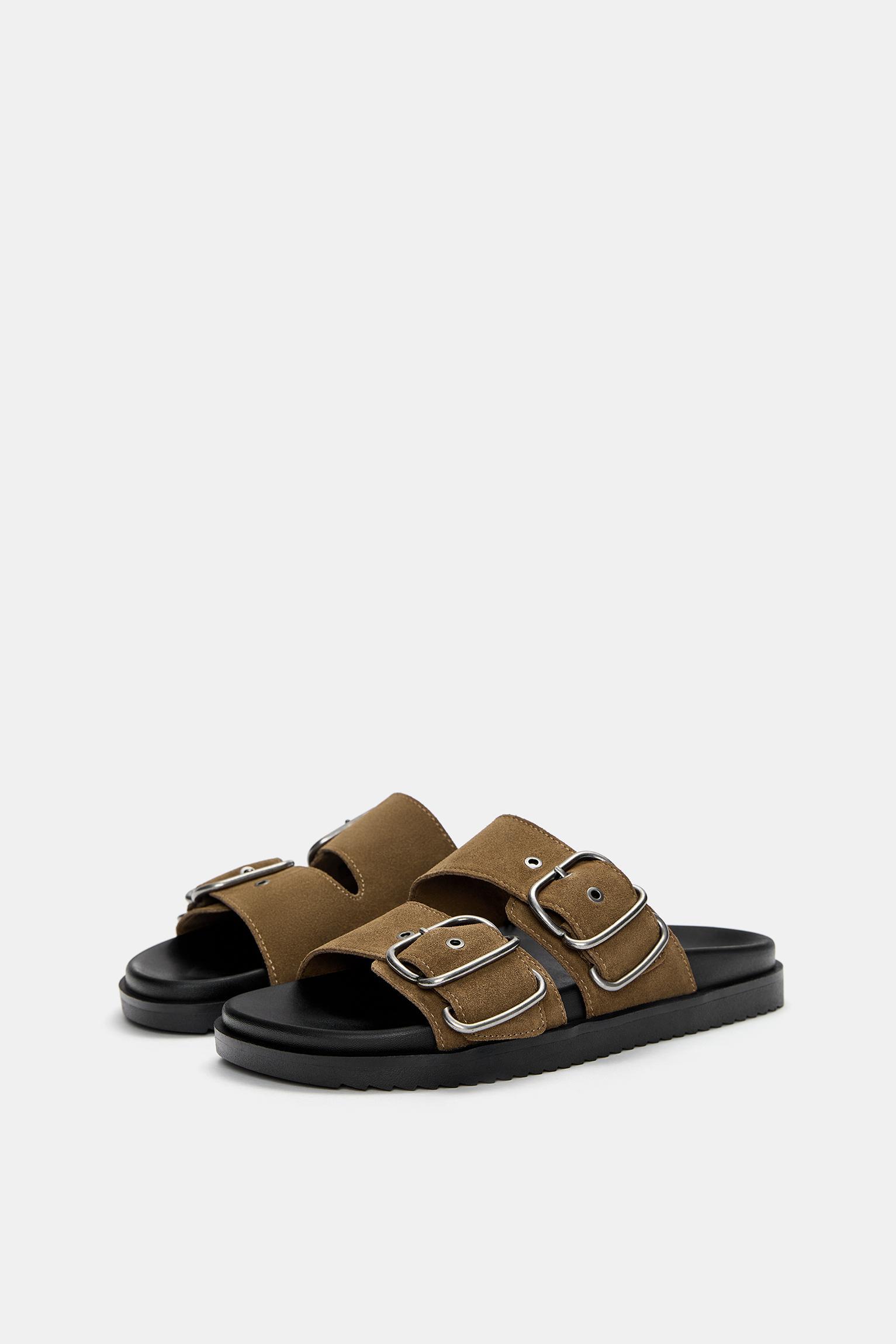 Leather flat sandals with buckles Product Image