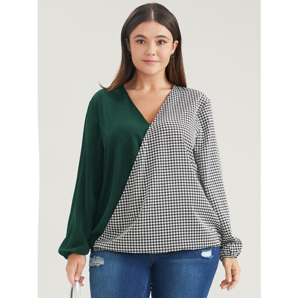 Plus Size DarkGreen Houndstooth Patchwork Lantern Sleeve Blouse Women Office Long Sleeve V-neck Work Blouses BloomChic 30/6X Product Image