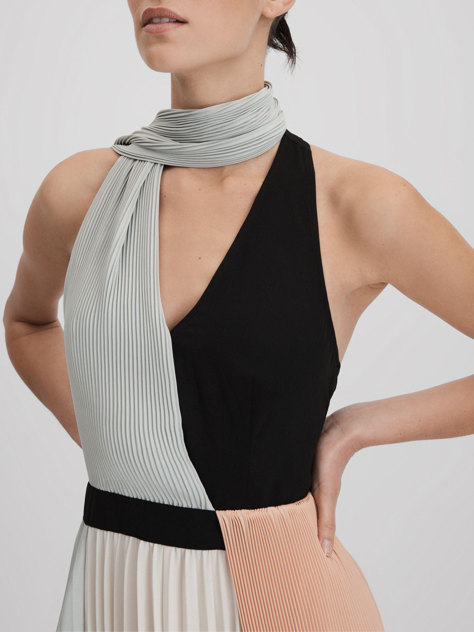 Pleated Asymmetric Midi Dress in Pink/Cream Product Image