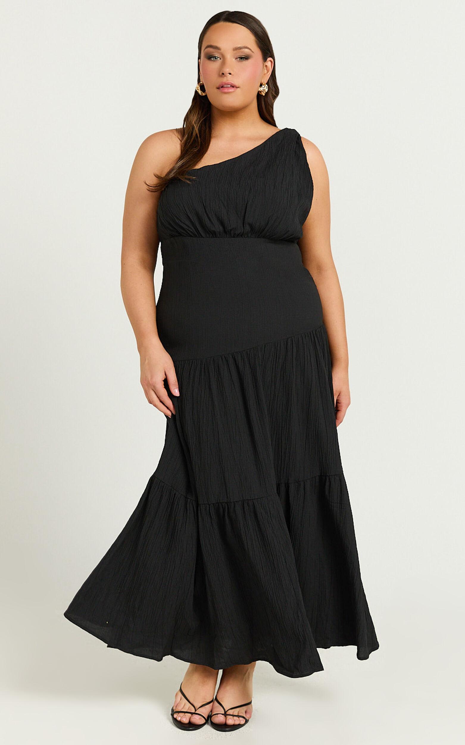 Celestia Midi Dress - Tiered One Shoulder Dress in Black Product Image