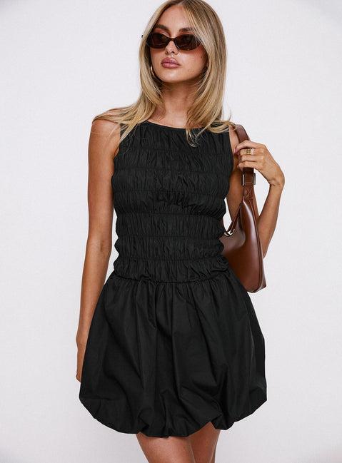 Demure Shirred Bubble Hem Mini Dress Black Product Image
