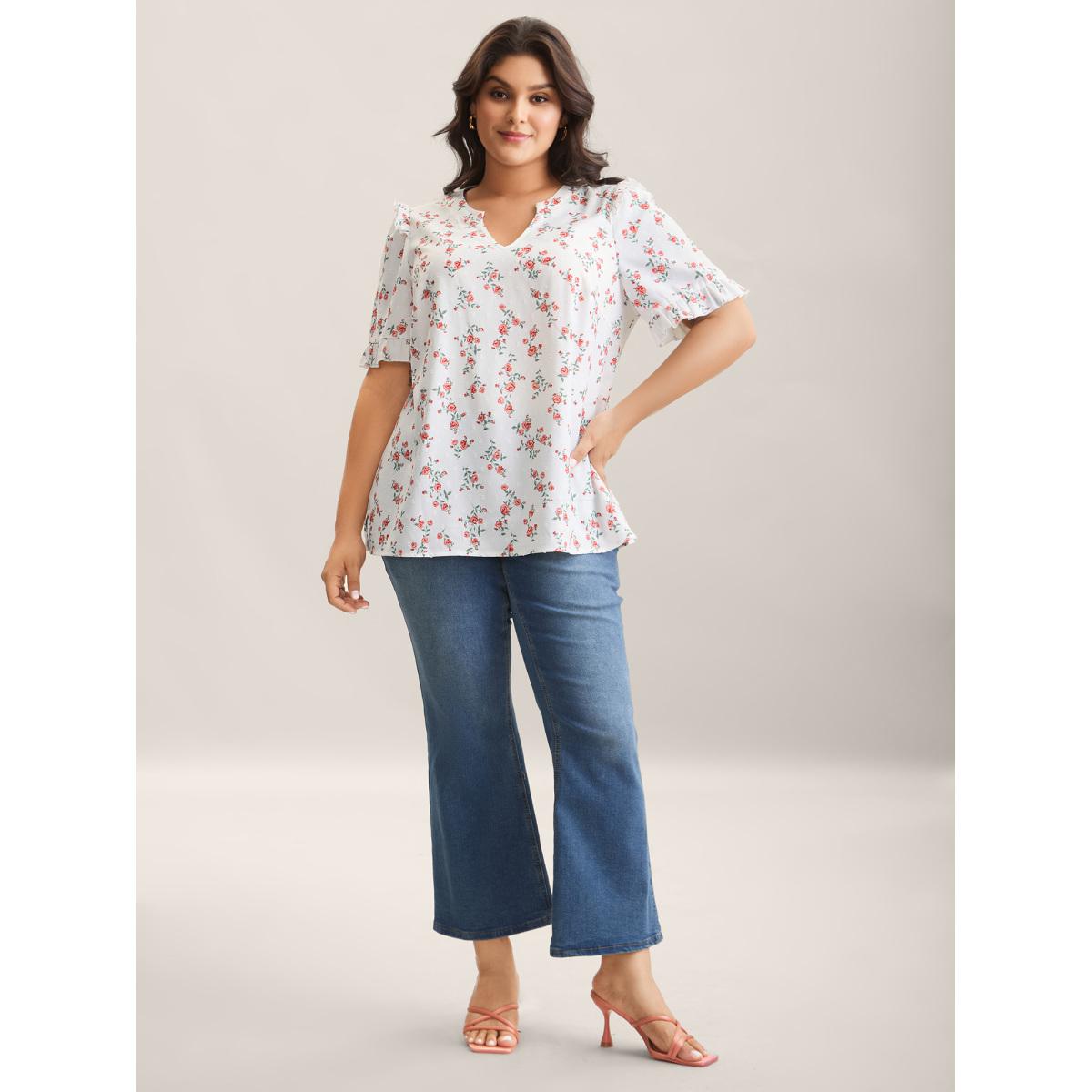 Plus Size Ivory Rosy Print Notched Collar Flowy Blouse Women Half Sleeve Notched collar Everyday-Elegant Blouses BloomChic 12/L Product Image
