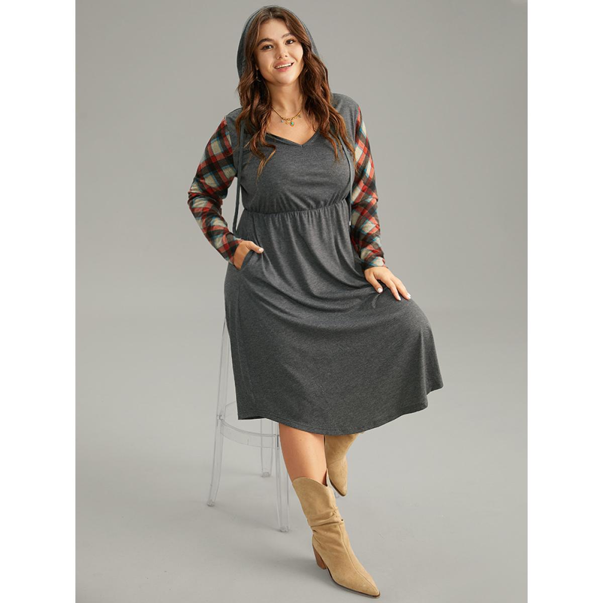 Plus Size Supersoft Essentials Hooded Plaid Patchwork Drawstring Dress DimGray Women Casual Printed Hooded Long Sleeve Curvy Midi Dress BloomChic 12/L Product Image