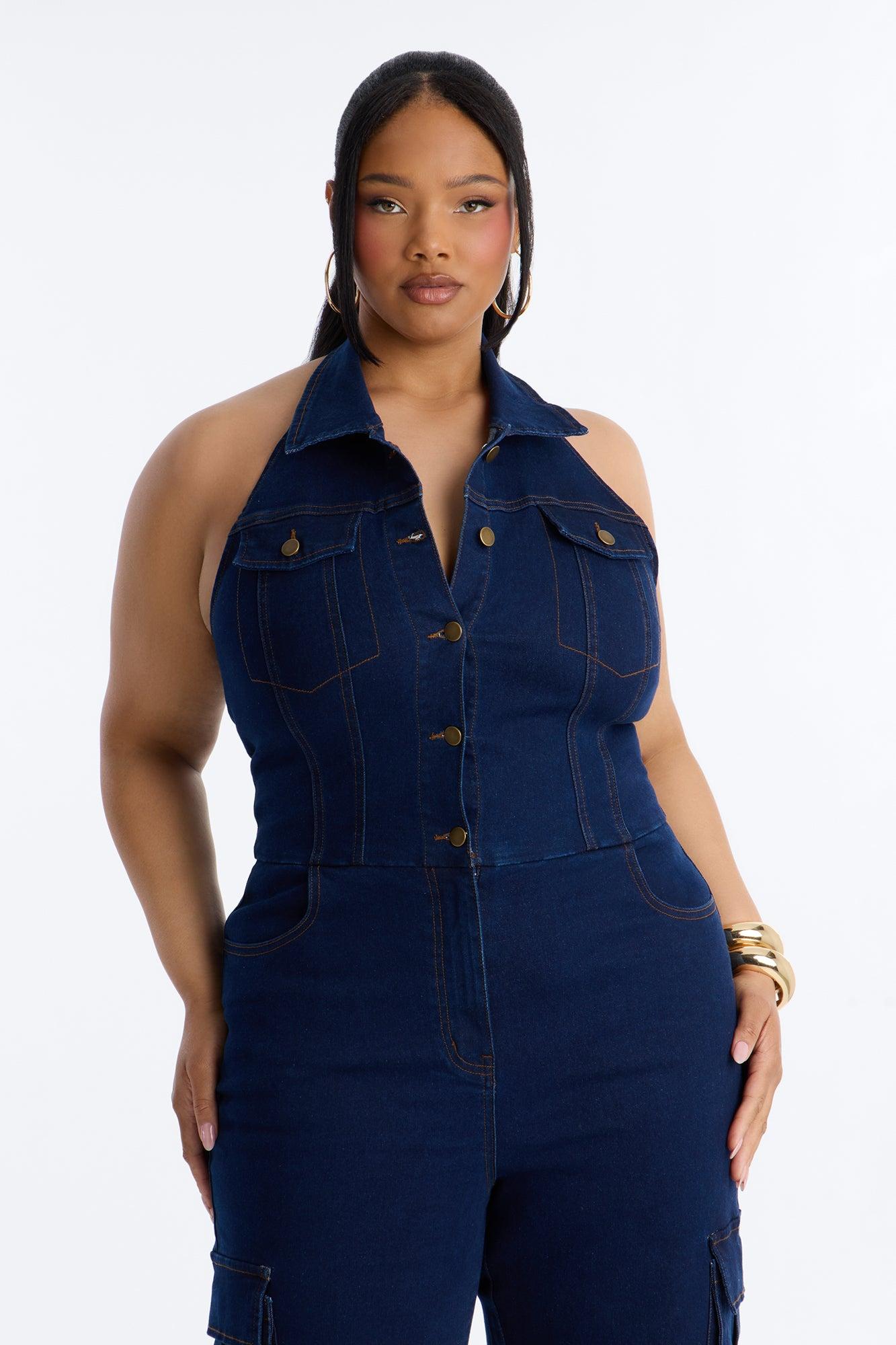 Jaime Denim Cargo Wide Leg Jumpsuit - Dark Wash Female Product Image