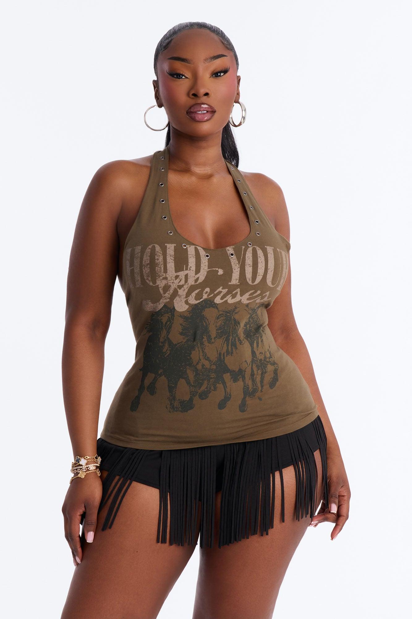Hold Your Horses Halter Tank Top - Brown Female Product Image