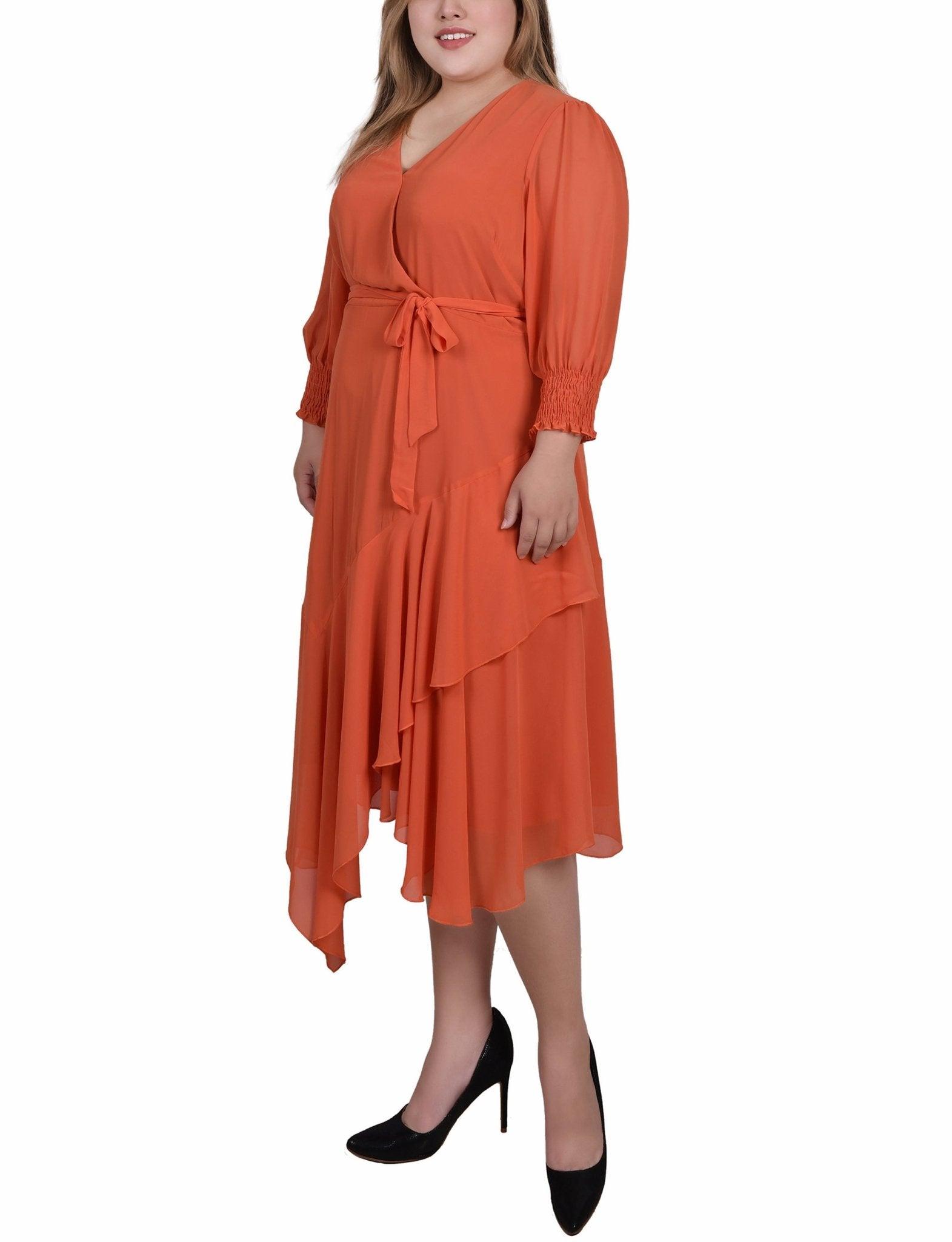 Orange Rust 3/4 Sleeve Belted Chiffon Hankerchief Hem Dress - Plus Product Image