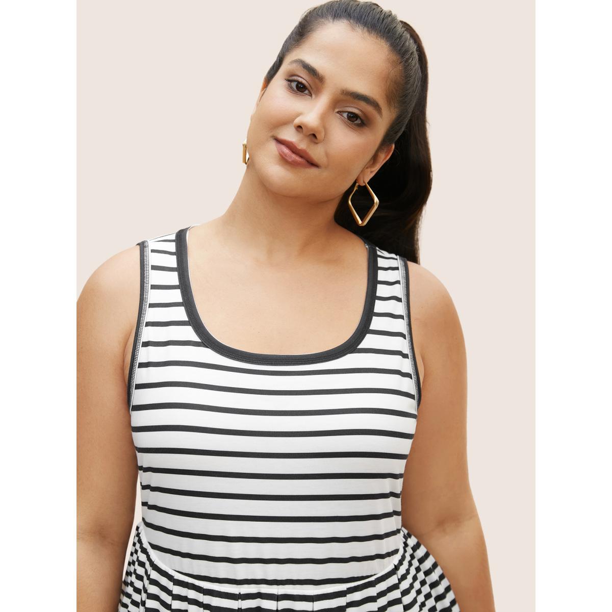 Plus Size Striped Ruffle Layered Hem Tank Midi Dress Black Women Casual Patchwork Square Neck Sleeveless Curvy BloomChic 14-16/1X Product Image