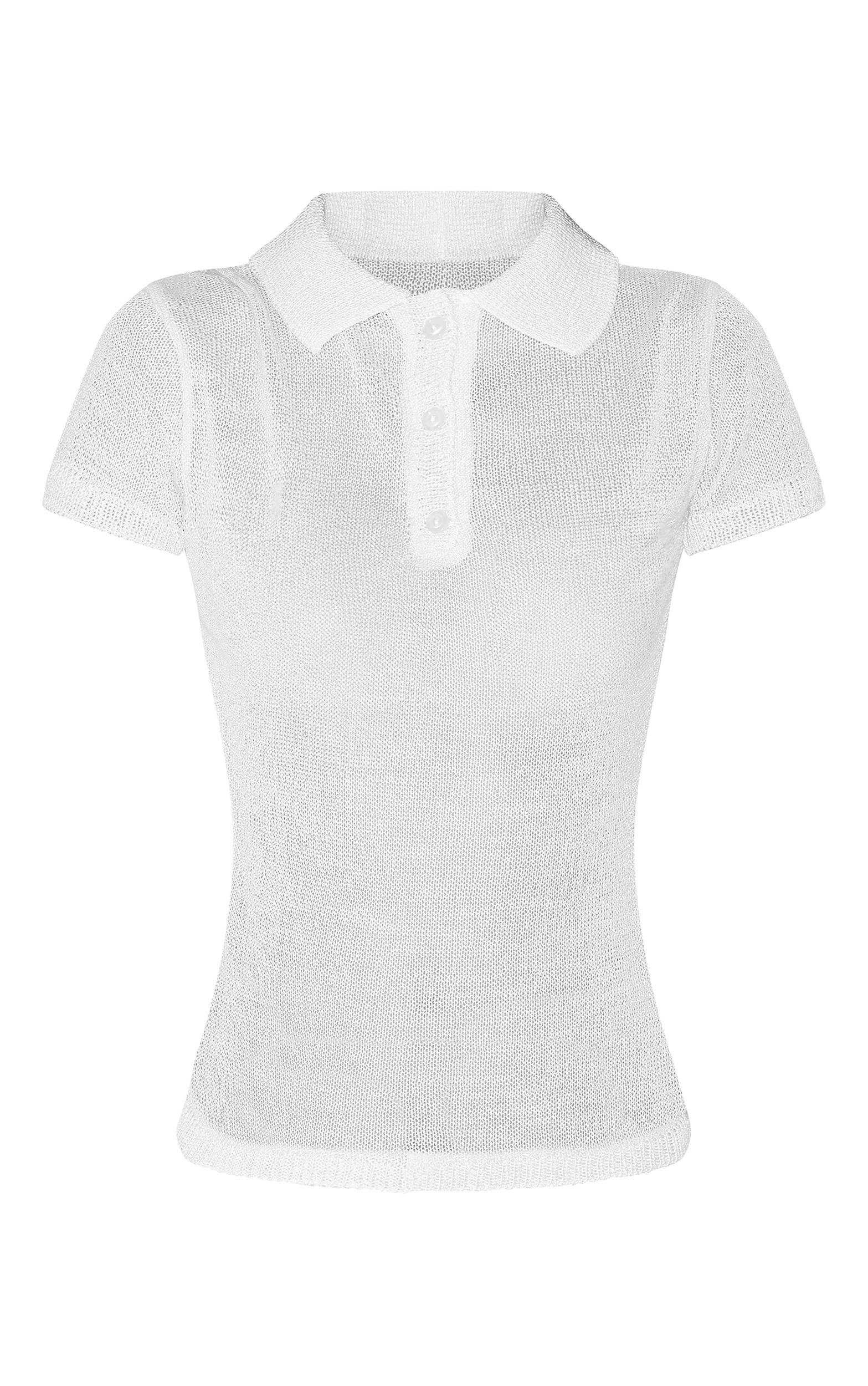 White Sheer Knit Polo Top Product Image