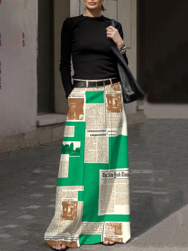 High Waisted Loose Newspaper Print Pockets Skirts Bottoms Product Image