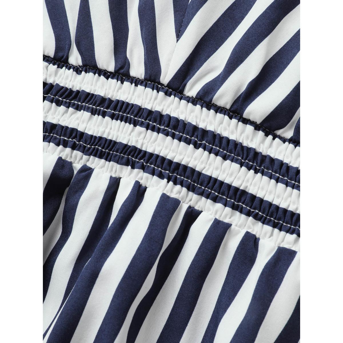 Plus Size Striped Shirred Dolman Sleeve Dress Navy Women At the Office V-neck Cap Sleeve Curvy BloomChic 22-24/3X Product Image