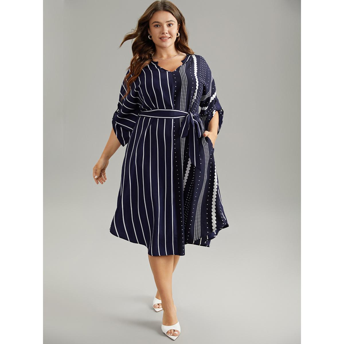 Plus Size Striped Patchwork Polka Dot Belted Notched Dress DarkBlue Women Office Belted Notched collar Elbow-length sleeve Curvy Midi Dress BloomChic 22-24/3X Product Image