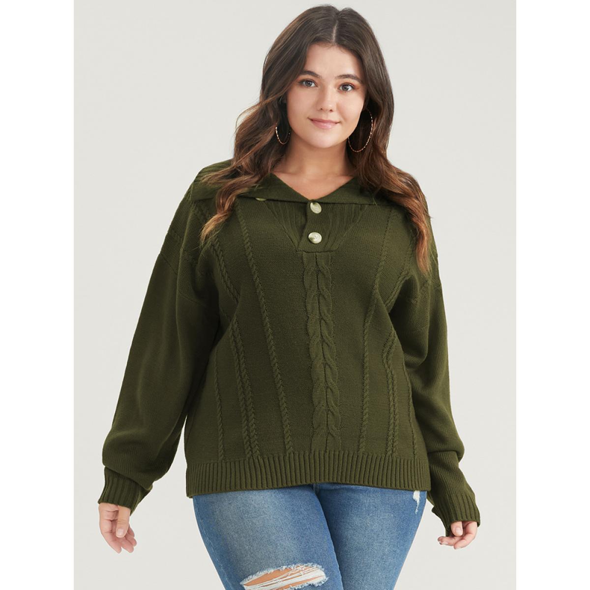 Plus Size Solid Pointelle Knit Button Lapel Collar Cable Knit Top DarkGreen Women Elegant Long Sleeve Lapel Collar Dailywear Pullovers BloomChic 10/M Product Image