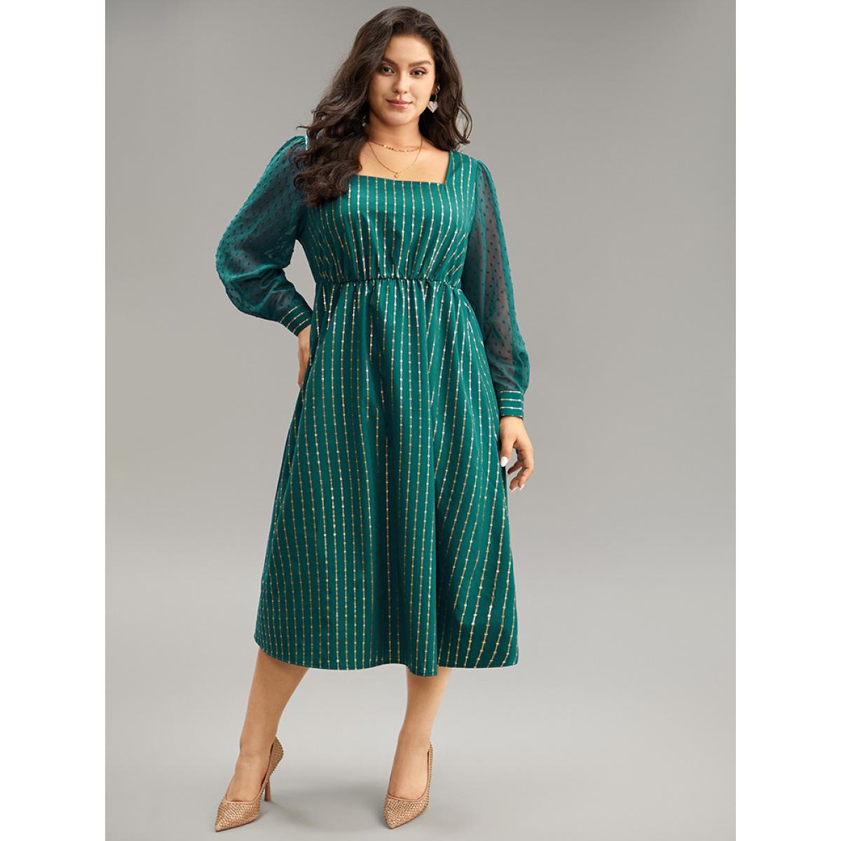 Plus Size Glitter Striped Patchwork Mesh Square Neck Dress Cyan Women Party See through Square Neck Long Sleeve Curvy Midi Dress BloomChic 28/5X Product Image