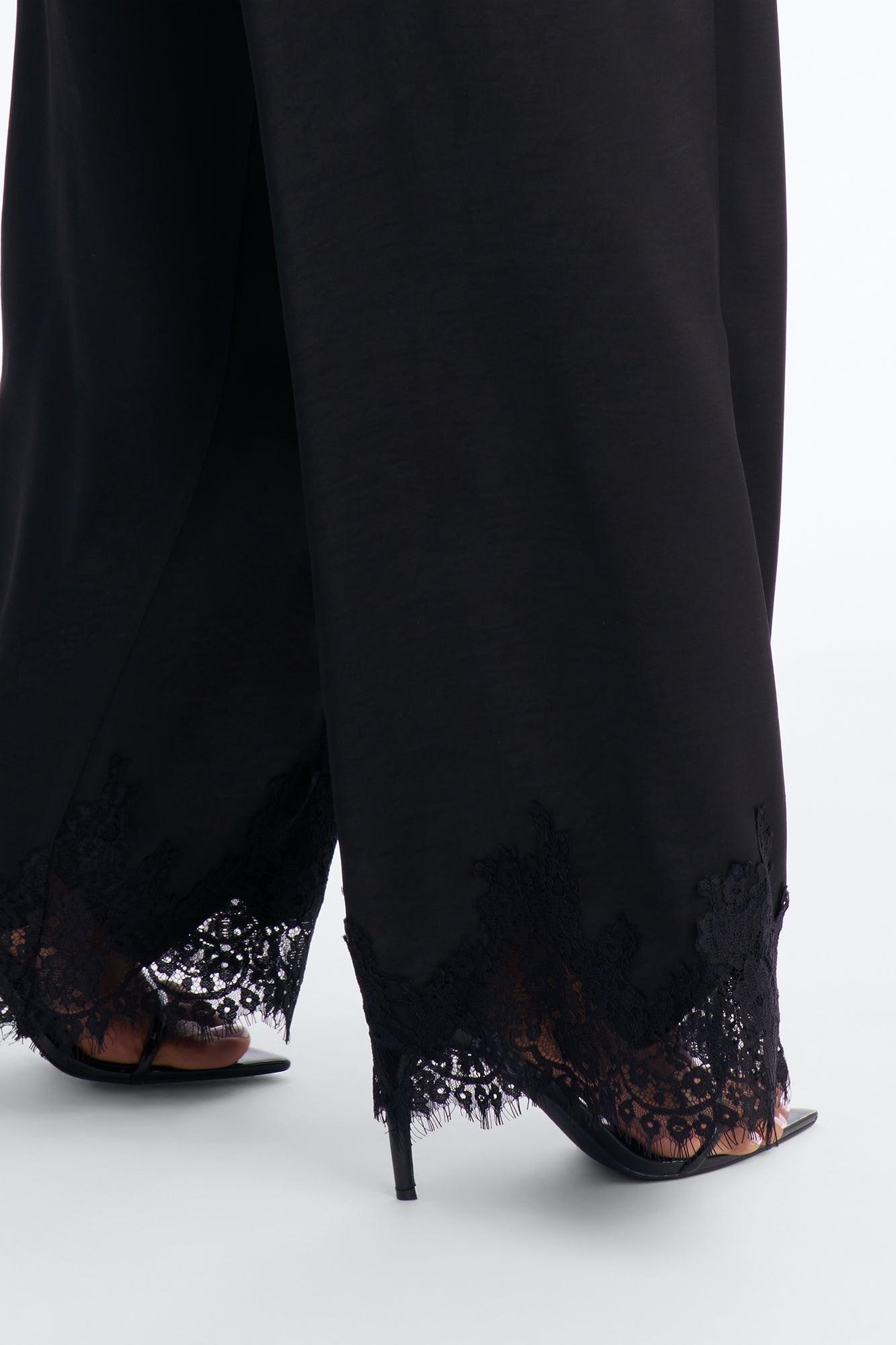 Sweet Sensation Lace Trim Satin Pants 30″ - Black Female Product Image