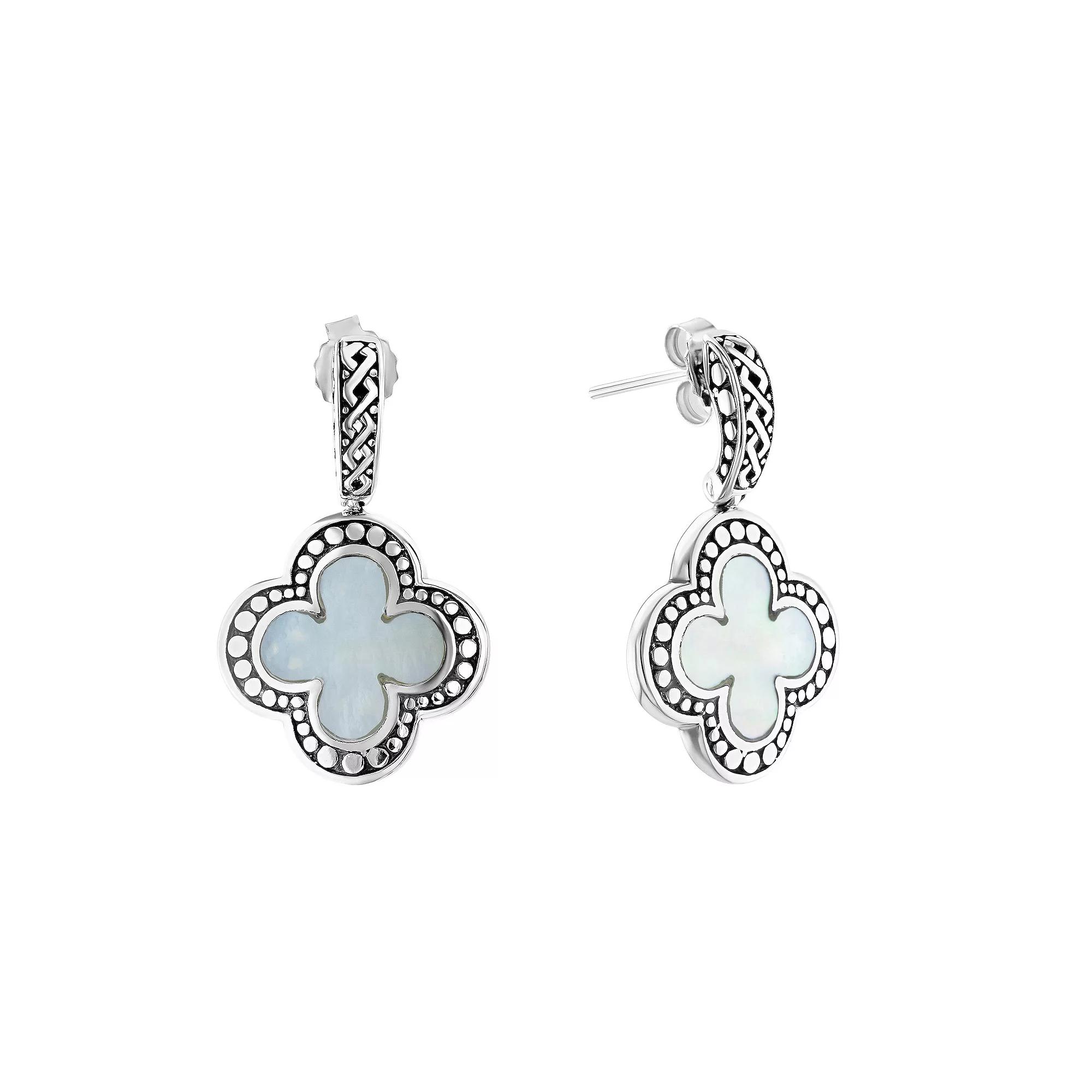 Athra NJ Inc Sterling Silver Mother Of Pearl Textured Clover Drop Earrings, Women's Product Image