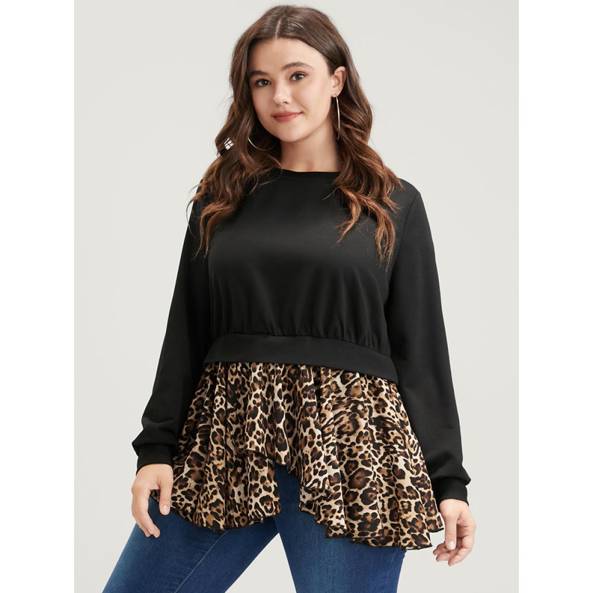 Plus Size Leopard Patchwork Asymmetrical Hem Sweatshirt Women Black Elegant Contrast Round Neck Dailywear Sweatshirts BloomChic 26/4X Product Image