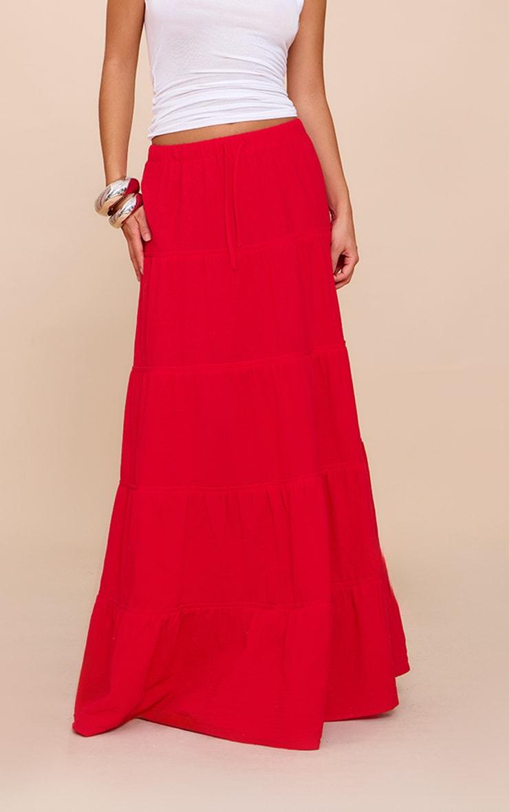 Tomato Red Cotton Tiered Drawstring Waist Maxi Skirt Product Image