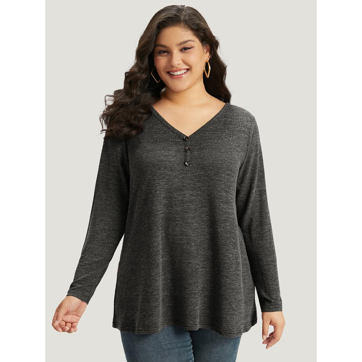Plus Size Heather Button Up Long Sleeve T-shirt Black Women Casual Heather Plain V-neck Everyday T-shirts BloomChic 28/5X Product Image