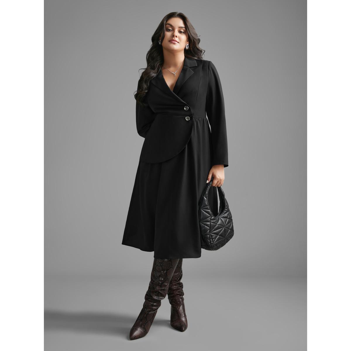 Plus Size Suit Collar Metal Detail Midi Dress Black Women At the Office Overlapping Suit Collar Long Sleeve Curvy BloomChic 28/5X Product Image