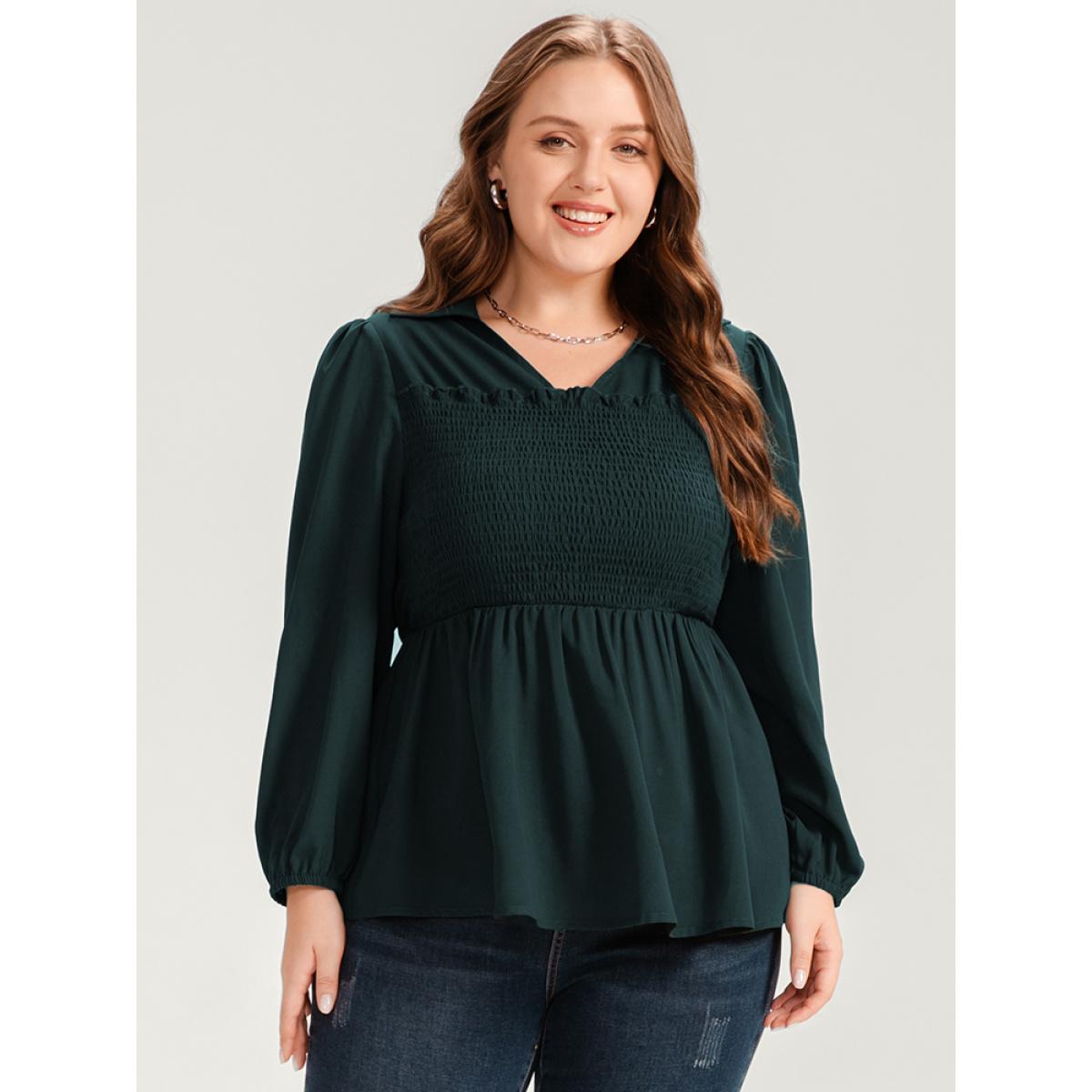 Plus Size DarkGreen Solid Lantern Sleeve Shirred Ruffles Blouse Women Office Long Sleeve Shirt collar Office Blouses BloomChic 22-24/3X Product Image