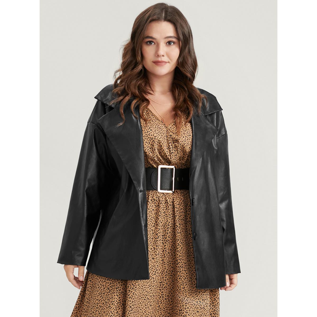 Plus Size PU Leather Pocket Suit Collar Blazer Black Women Going out Plain Sleeve Long Sleeve Suit Collar 12/L Pocket Glamour Blazers BloomChic Product Image