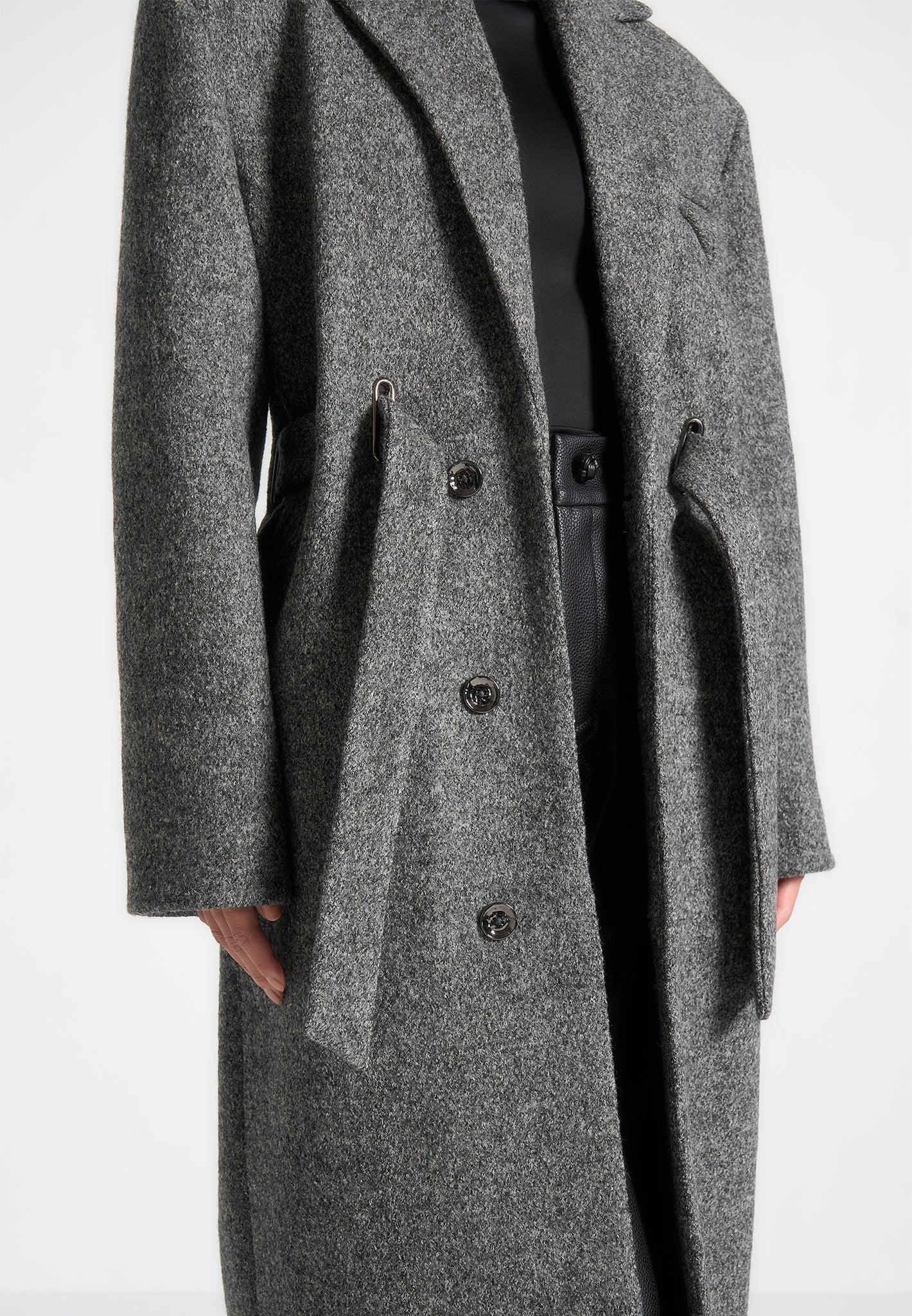 Jena - Wide Shoulder Wool Coat with Cinch Belt - Grey Female Product Image