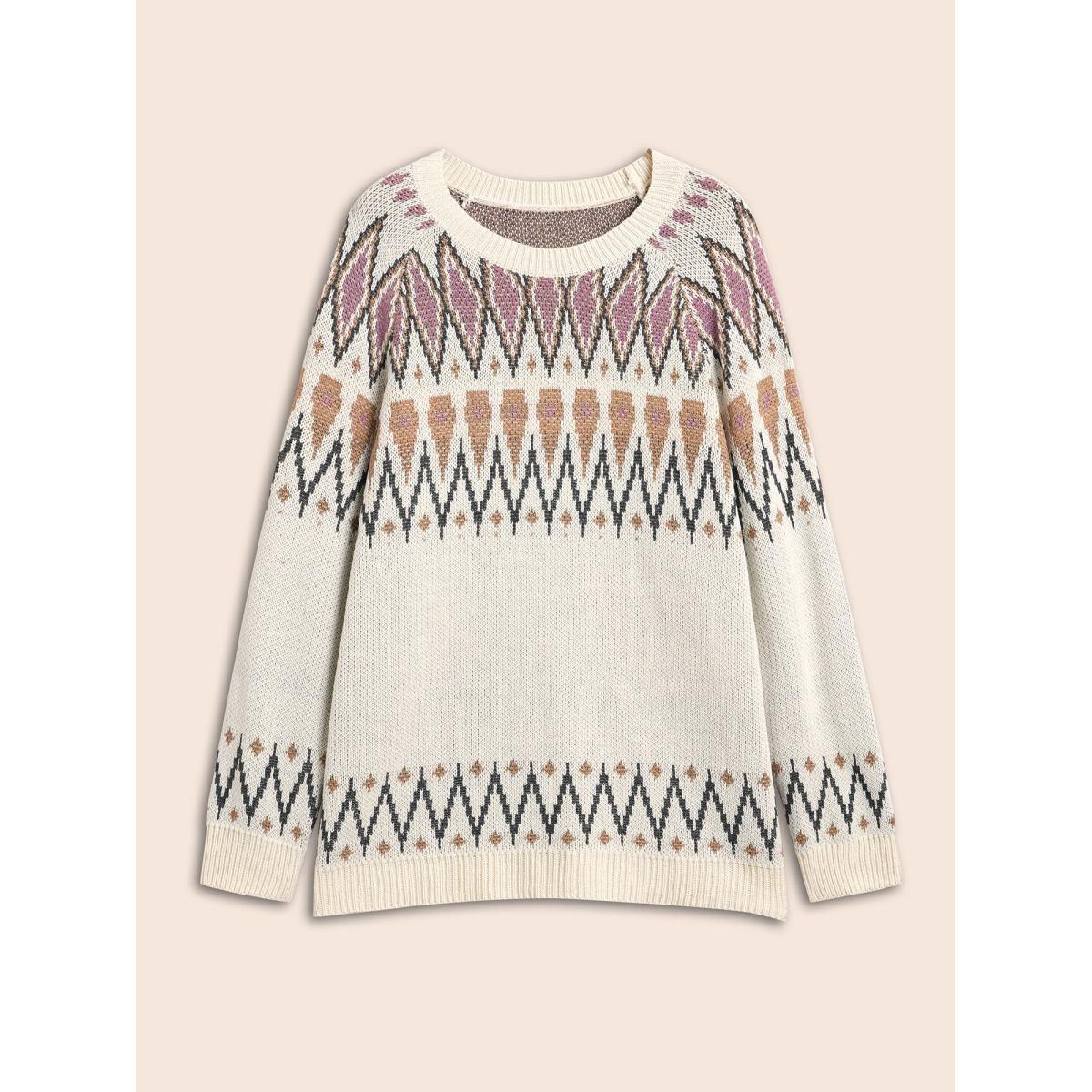 Plus Size Fair Isle Jacquard Crew Neck Pullover Beige Women Casual Long Sleeve Round Neck Everyday Pullovers BloomChic 18-20/2X Product Image