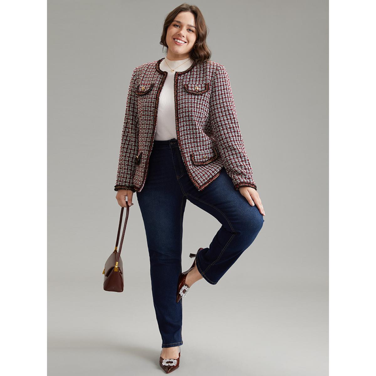 Plus Size Coarse Tweed Gingham Plisse Flap Pocket Blazer Women Scarlet Office Texture Ladies Office Winter Coats BloomChic 30/6X Product Image
