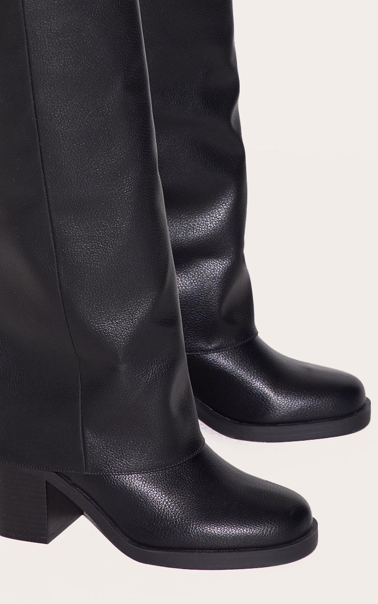 Black Pu Round Toe Fold Over Low Block Heel Boots Product Image