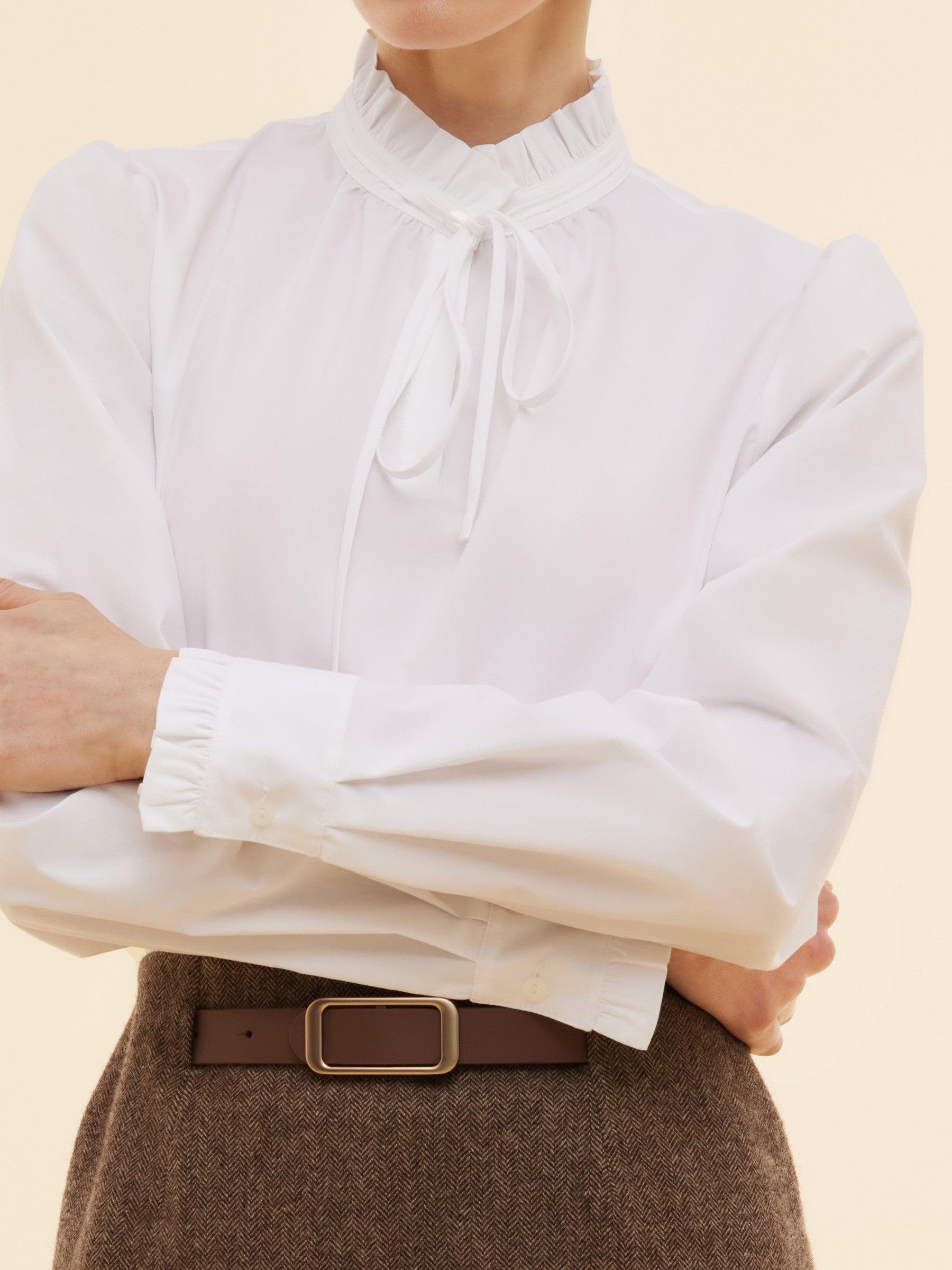 Ruffle Neckline Women Puff Long Sleeve Blouse Product Image