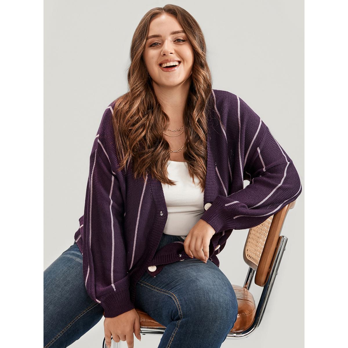 Plus Size Vertical Striped Contrast Pointelle Knit Lantern Sleeve Button Front Cardigan Eggplant Women Casual Loose Long Sleeve Dailywear Cardigans BloomChic 12/L Product Image