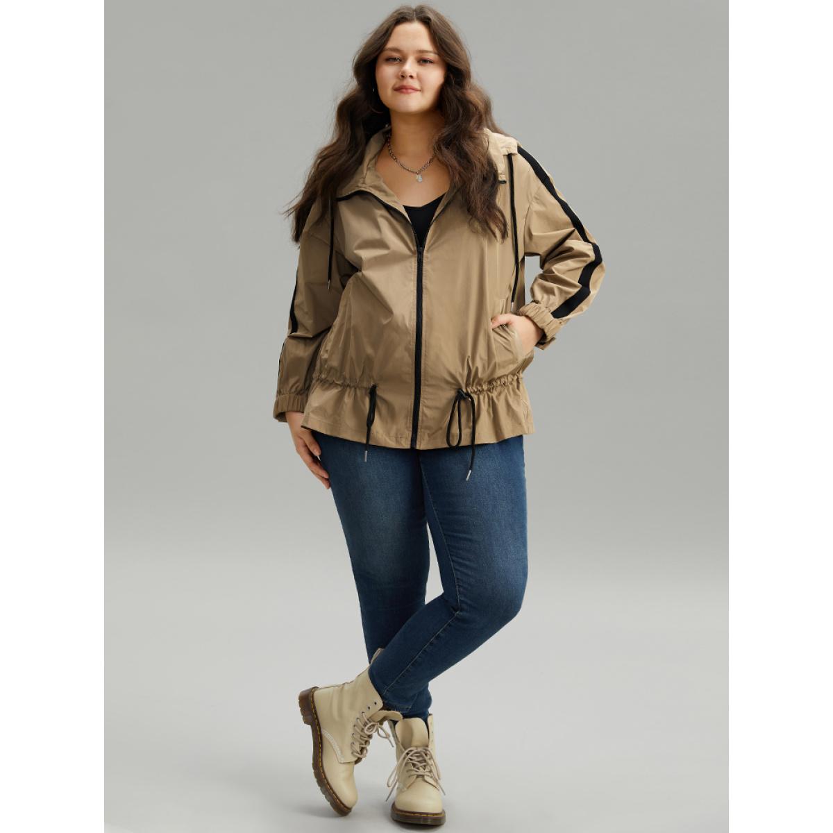 Plus Size Wind-Resistant Contrast Trim Drawstring Jacket Women Tan Elastic cuffs Pocket Dailywear Jackets BloomChic 28/5X Product Image