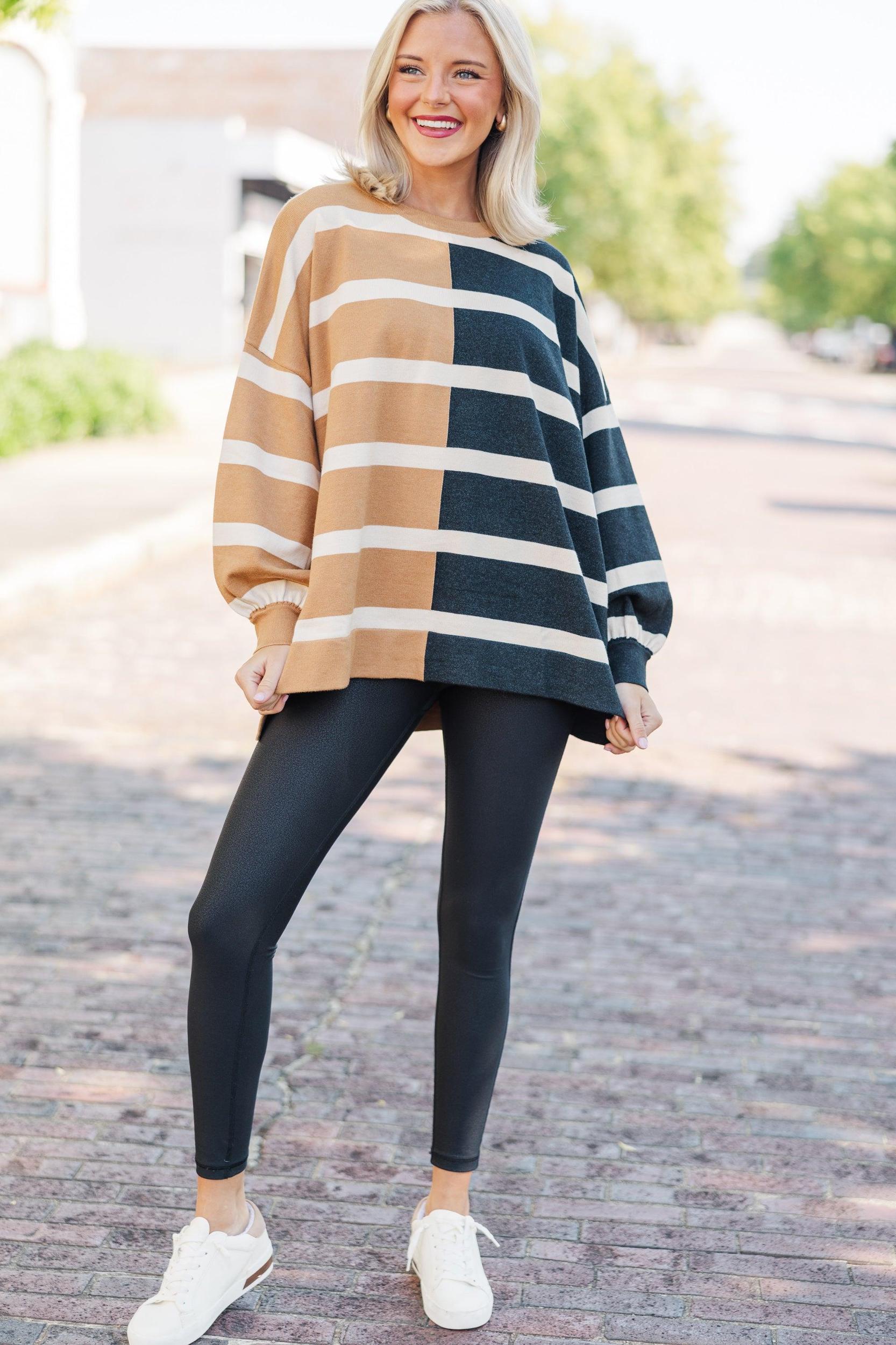 Live It Up Mocha/Black Striped Sweater Female Product Image