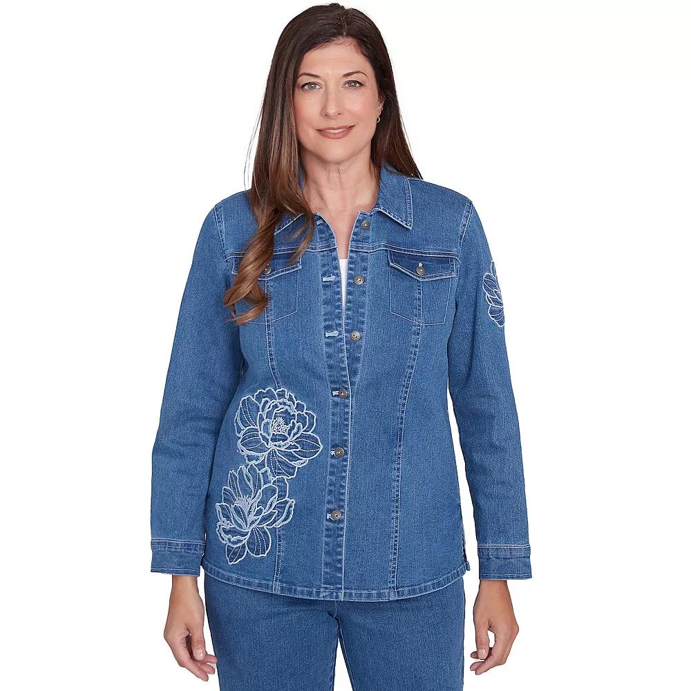 Women's Alfred Dunner Super Stretch Floral Denim Jacket, Size: Large, Medium Blue Product Image