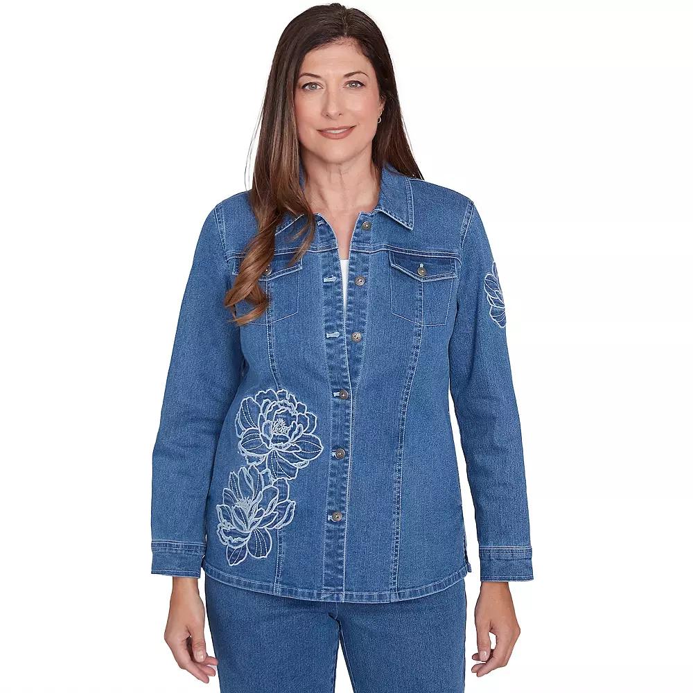 Women's Alfred Dunner Super Stretch Floral Denim Jacket, Size: XL, Medium Blue Product Image